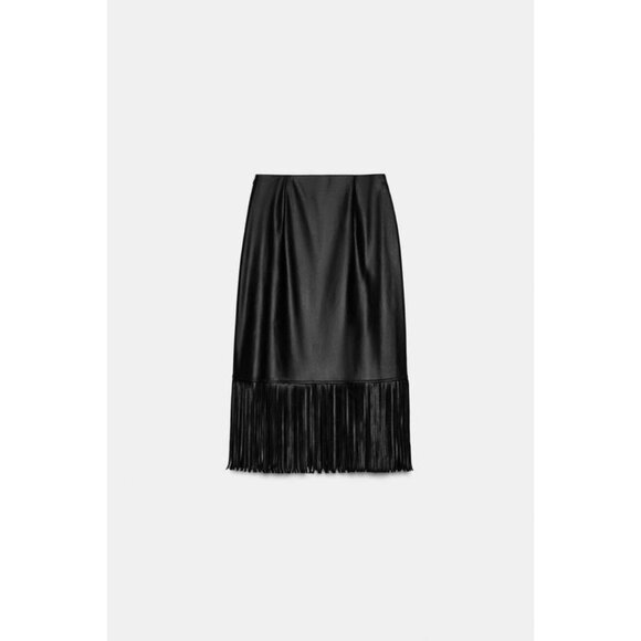 ZARA FAUX LEATHER FRINGED MIDI SKIRT - Picture 10 of 11